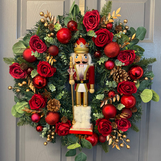 Luxury Nutcracker Christmas Wreath, 60cm Festive Door Wreath, Wooden Nutcracker Centerpiece, Red & Gold Bauble Wreath , Artificial
