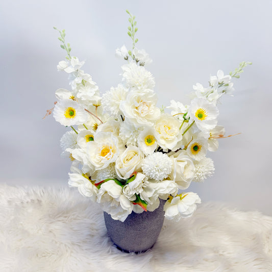 Artificial Shades of White Flowers in a Greek Stone Effect Vase for Home Decor - Decorative