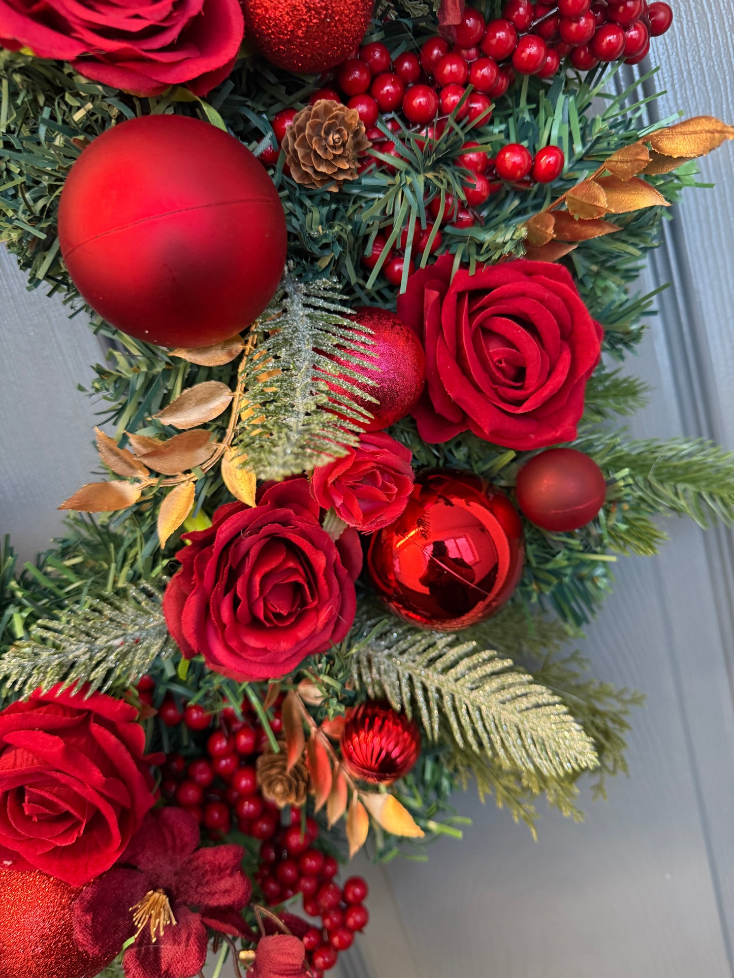 Red Christmas Wreath with Velvet & Silk Roses, Pine Cones, Gold Foliage, Red Baubles, Berries Festive Holiday Door Decor