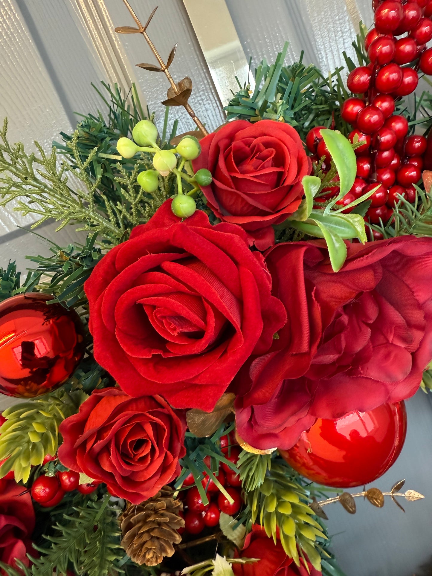 Red Christmas Wreath with Velvet & Silk Roses, Pine Cones, Gold Foliage, Red Baubles, Berries Festive Holiday Door Decor