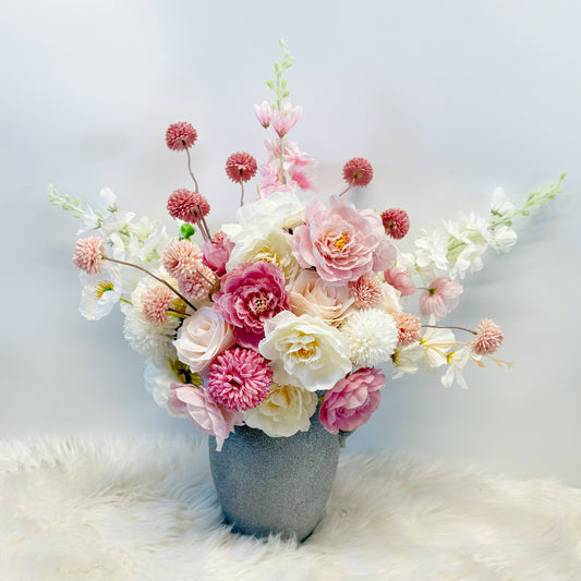 Artificial Shades of Pink, Peach & White Flowers in a Greek Stone Effect Vase for Home Decor - Decorative