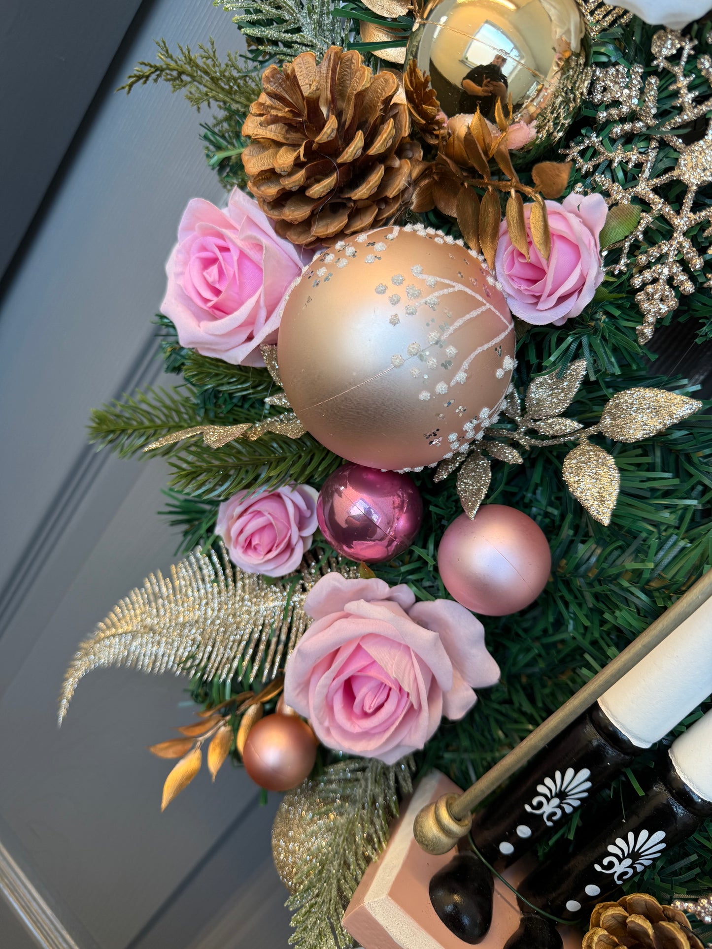 Pink Nutcracker Christmas Wreath, Gold, Artificial, Large Wreath