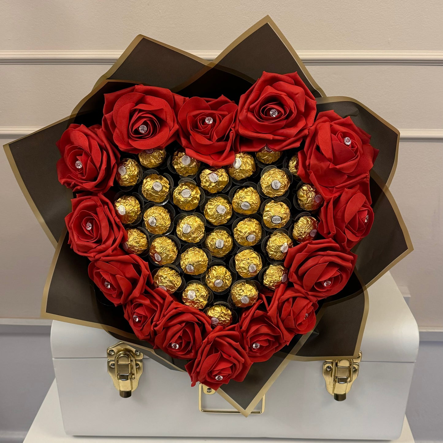Heart Shaped Red, Black and Gold Chocolate Flower Bouquet, Ferrero Rocher, Artificial Flowers, Birthday Present, Get Well Soon, Anniversary, Valentines