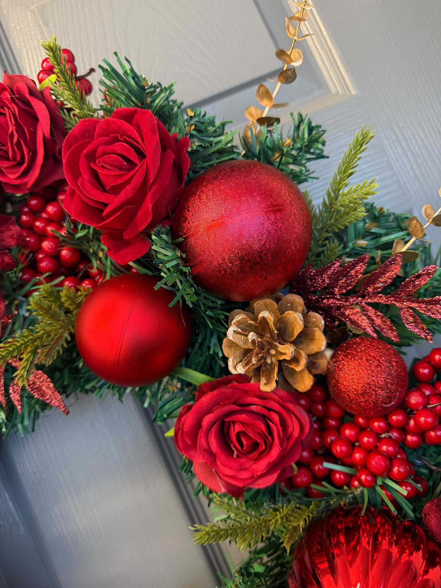 Red Christmas Wreath with Velvet & Silk Roses, Pine Cones, Gold Foliage, Red Baubles, Berries Festive Holiday Door Decor
