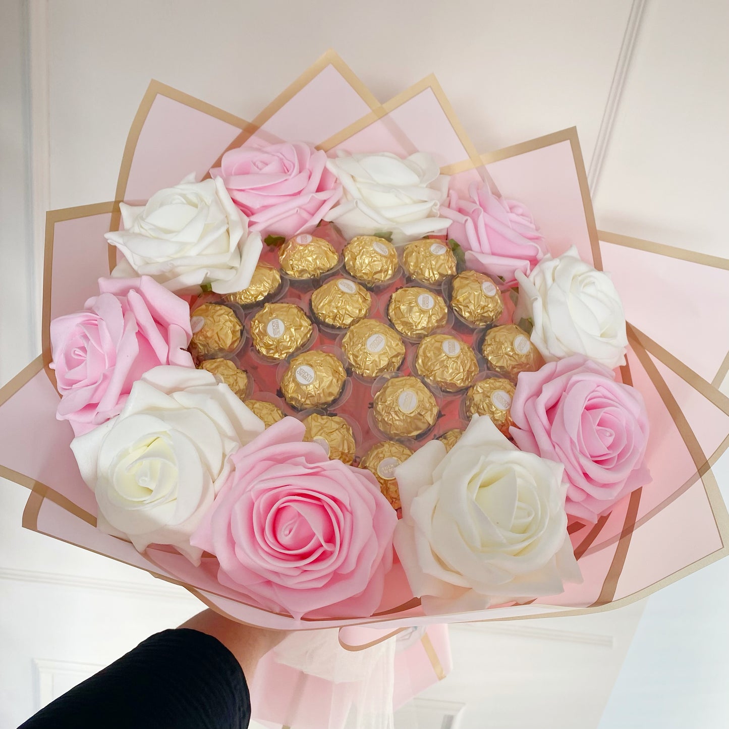Pink, White and Gold Chocolate Flower Bouquet, Ferrero Rocher, Artificial Flowers, Birthday Present, Get Well Soon, Anniversary