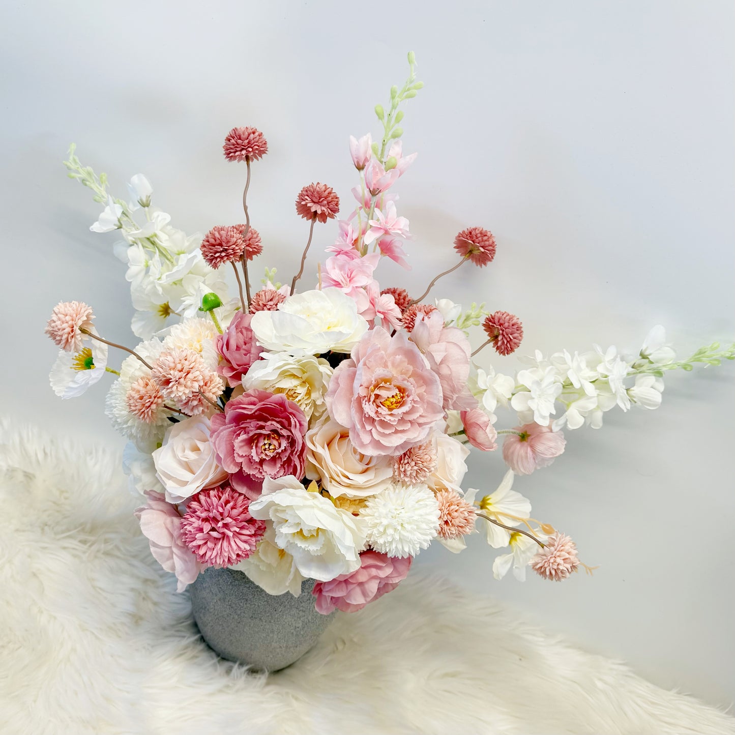 Artificial Shades of Pink, Peach & White Flowers in a Greek Stone Effect Vase for Home Decor - Decorative