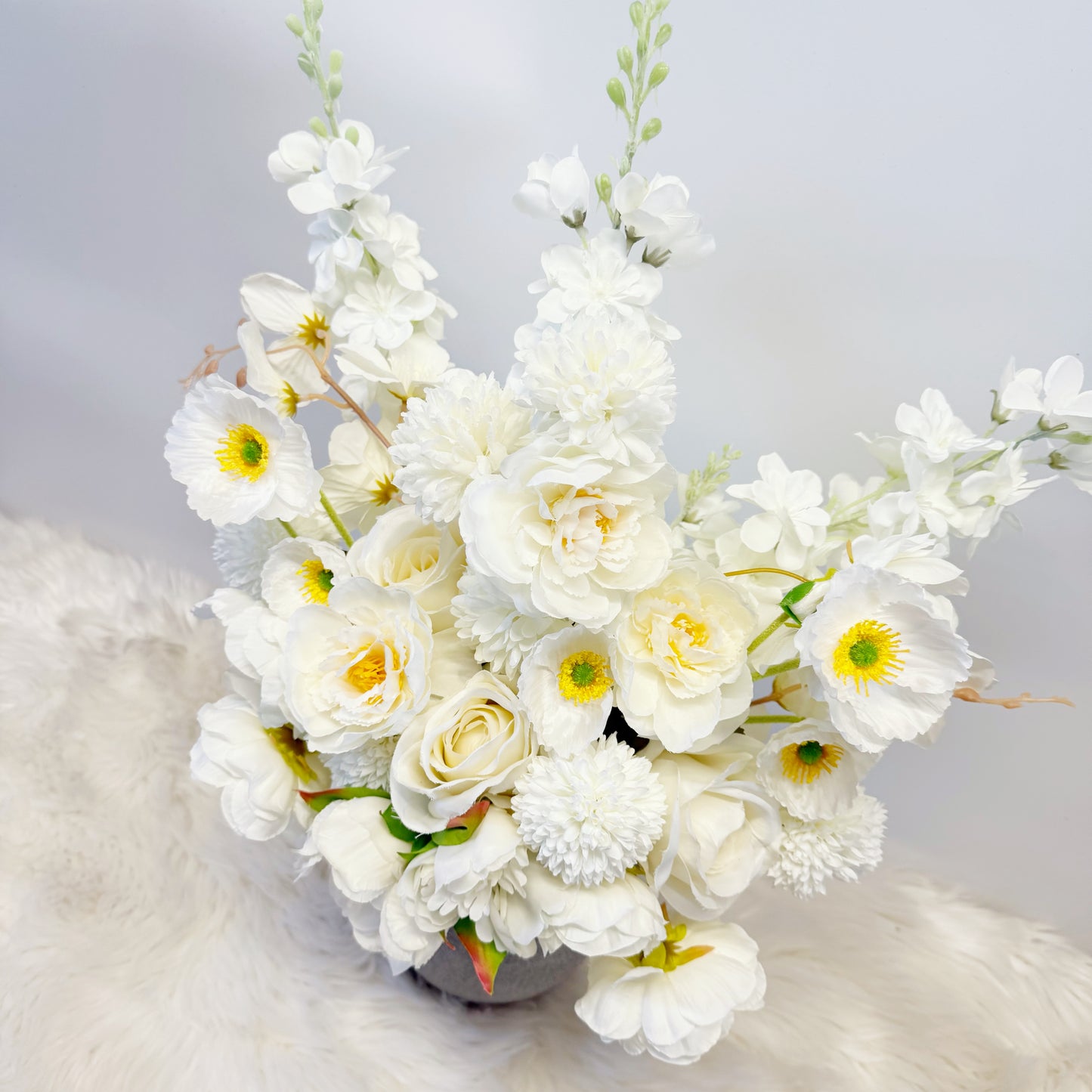 Artificial Shades of White Flowers in a Greek Stone Effect Vase for Home Decor - Decorative