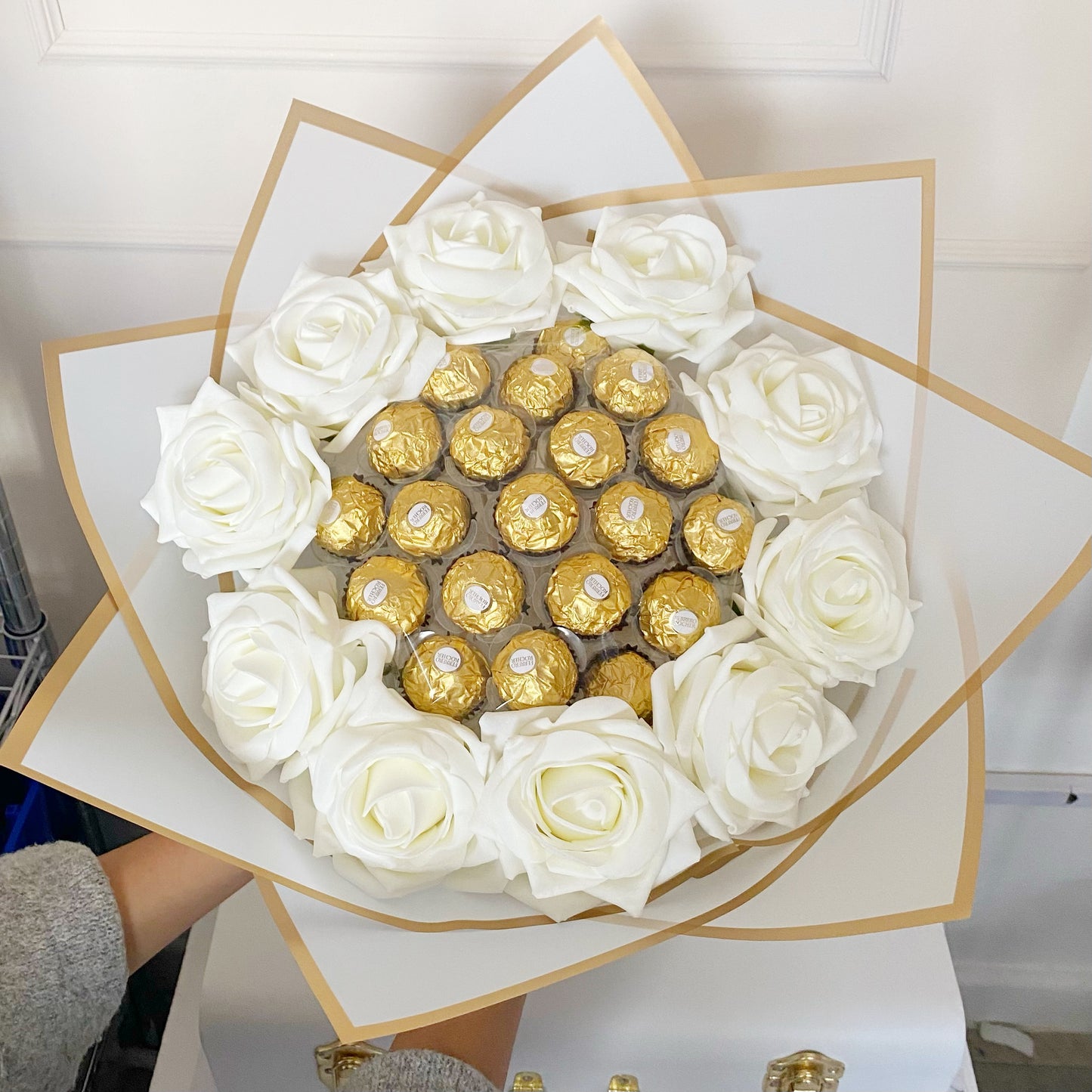 White and Gold Chocolate Flower Bouquet, Ferrero Rocher, Artificial Flowers, Birthday Present, Get Well Soon, Anniversary