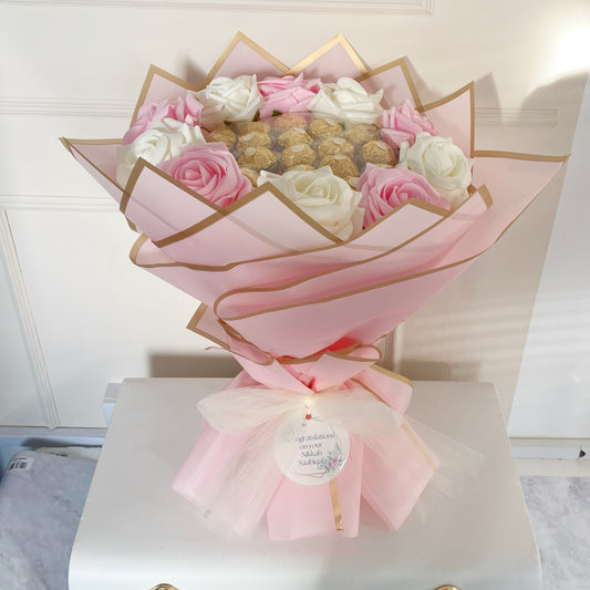 Pink, White and Gold Chocolate Flower Bouquet, Ferrero Rocher, Artificial Flowers, Birthday Present, Get Well Soon, Anniversary