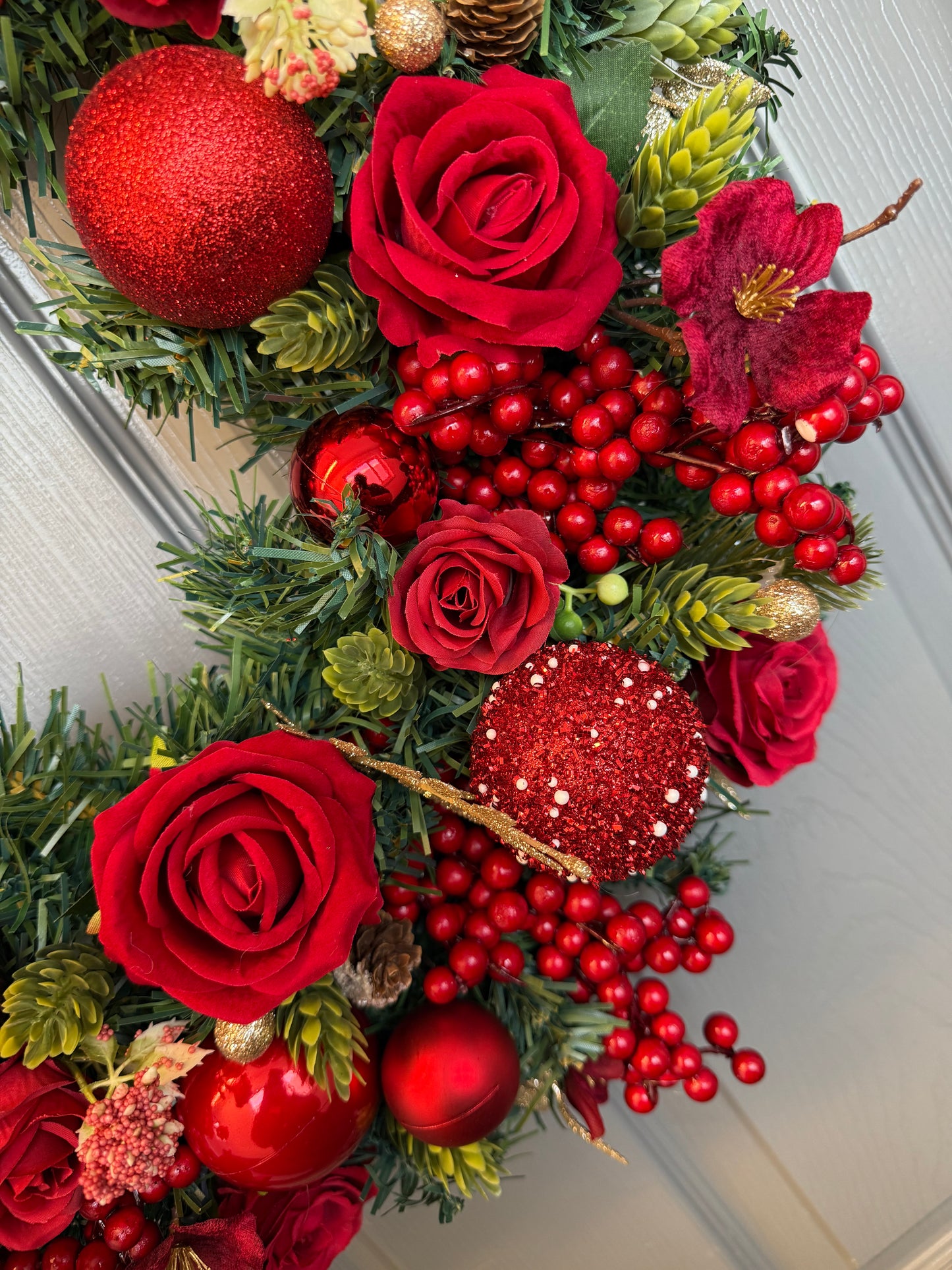 Red Christmas Wreath with Velvet & Silk Roses, Pine Cones, Gold Foliage, Red Baubles, Berries Festive Holiday Door Decor