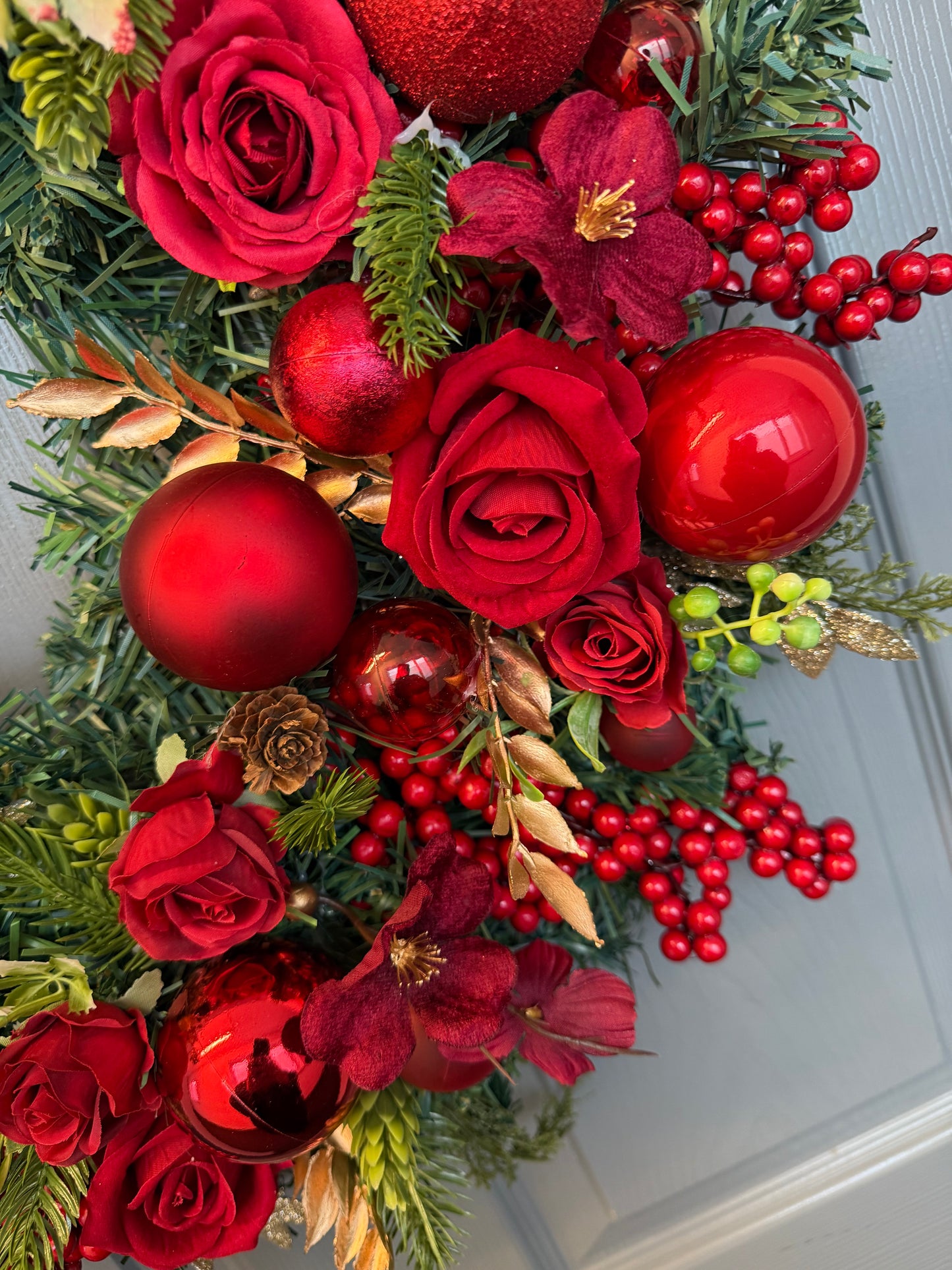 Red Christmas Wreath with Velvet & Silk Roses, Pine Cones, Gold Foliage, Red Baubles, Berries Festive Holiday Door Decor