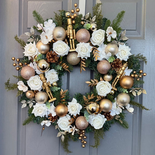 Cream, Gold and White Christmas Nutcracker Wreath