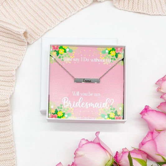Bridesmaid Proposal Personalised Bar Name Engraved Necklace, Silver, Gold, Rose Gold, Gift Box, Will you be my bridesmaid