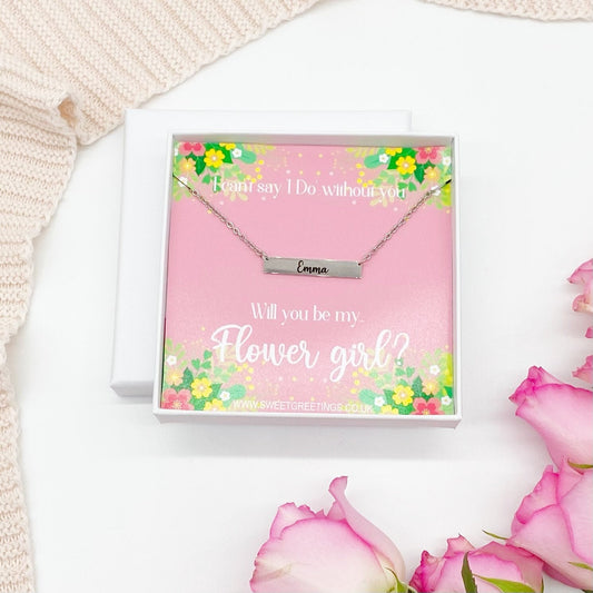 Flower Girl Proposal Personalised Bar Name Engraved Necklace, Silver, Gold, Rose Gold, Gift Box, Will you be my flower girl