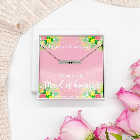 Maid of Honour Proposal Personalised Bar Name Engraved Necklace, Silver, Gold, Rose Gold, Gift Box, Will you be my maid of honour