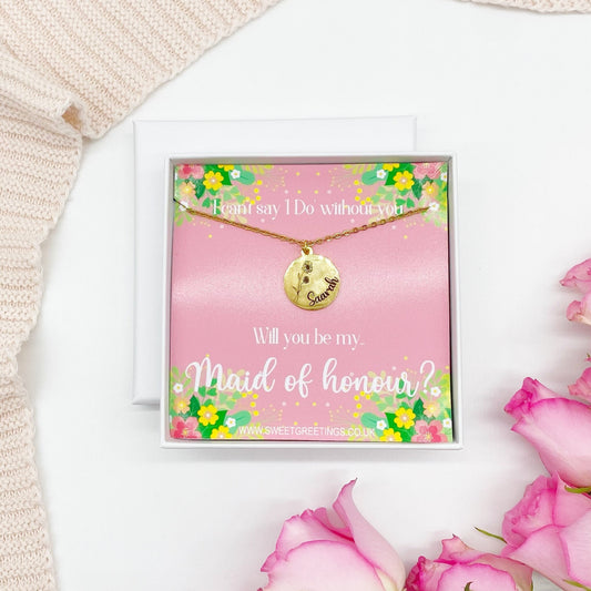 Maid of Honour Personalised Name & Flower Engraved Necklace, Silver, Gold, Rose Gold, Gift Box, I couldn't say I do without you