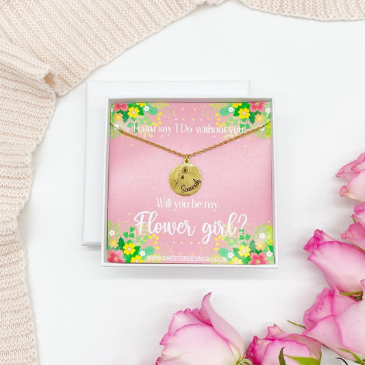 Flower Girl Personalised Name & Flower Engraved Necklace, Silver, Gold, Rose Gold, Gift Box, I couldn't say I do without you, will you be my