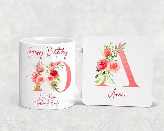 Personalised 40th Age Name Mug, Coaster, Keyring, Birthday Gift, Gift Set, Milestone, Tea Coffee Mug for Her, Hamper, 21st 30th, 40th 50th