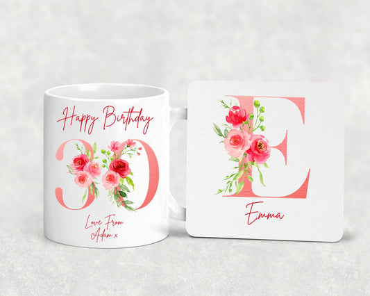 Personalised 30th Age Name Mug, Coaster, Keyring, Birthday Gift, Gift Set, Milestone, Tea Coffee Mug for Her, Hamper, 18th 21st 40th 50th