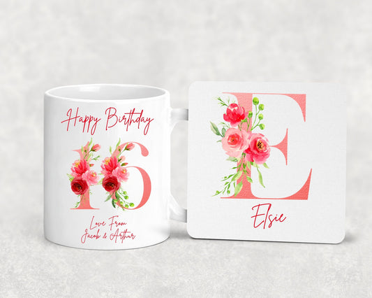 Personalised 16th Age Name Mug, Coaster, Keyring, Birthday Gift, Gift Set, Milestone, Tea Coffee Mug for Her, Hamper, 21st 30th, 40th 50th