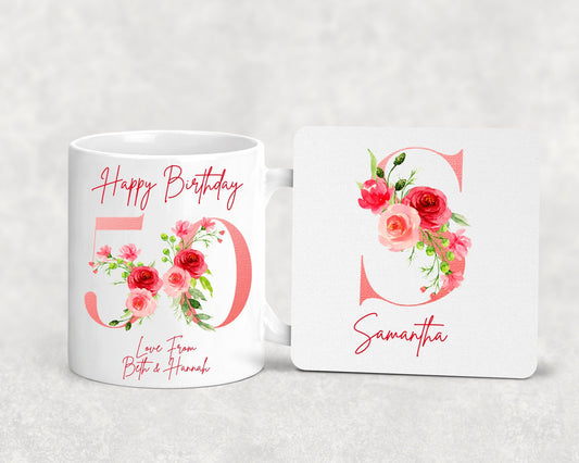 Personalised 50th Age Name Mug, Coaster, Keyring, Birthday Gift, Gift Set, Milestone, Tea Coffee Mug for Her, Hamper, 18th 21st 40th 30th