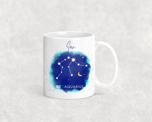 Aquarius Personalised Name Constellation, Birth Sign Mug, Birth Month, Birthday, Zodiac, Coffee, Tea, February, Gift, Present, Star Sign