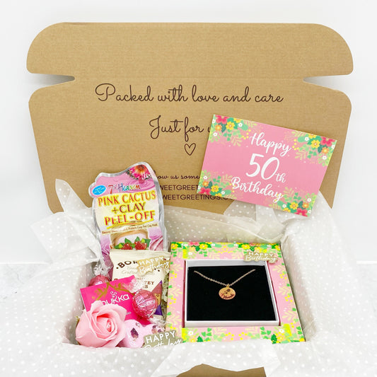 50th Birthday Engrave Necklace Pink Gift box - Pamper Hamper - Spa Kit - Care Package - Relaxation - De Stress - For Her, Present, Milestone
