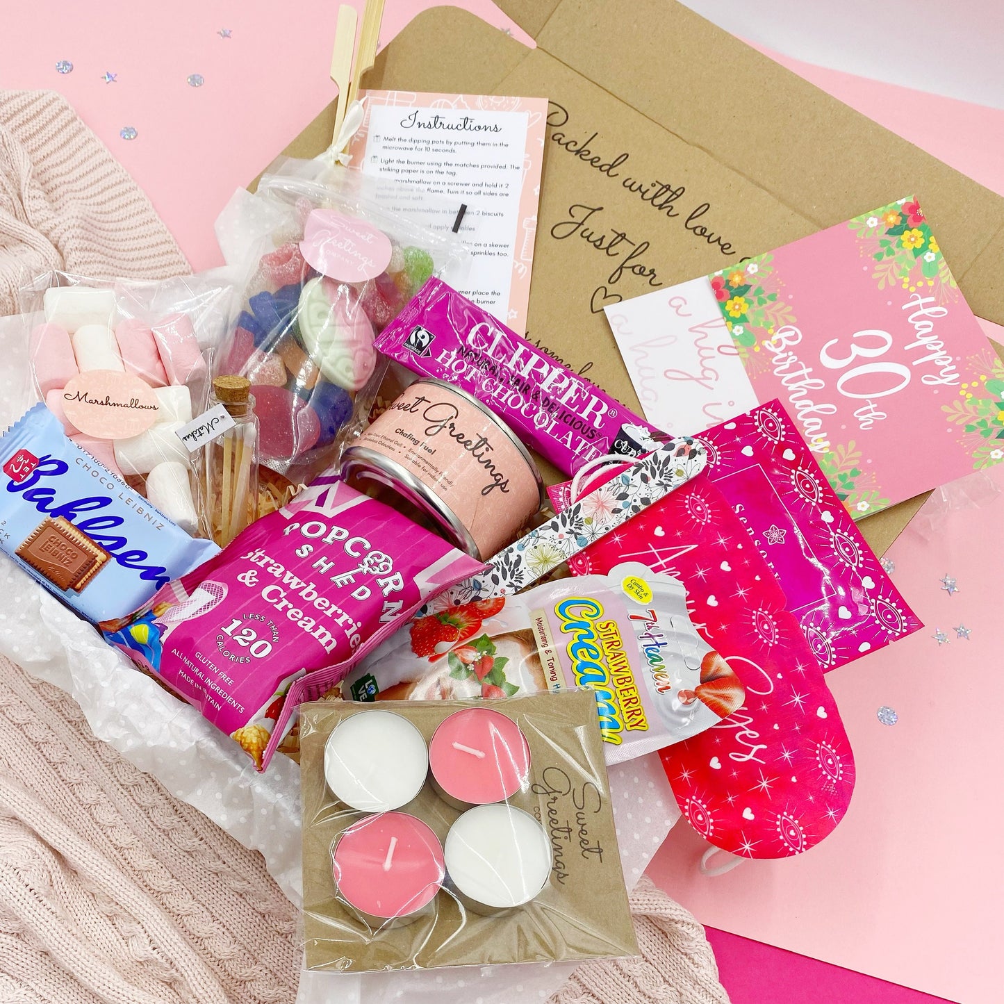 Ultimate Happy 30th Birthday Pink S'mores Gift box, Pamper Hamper, Spa Kit, Care Package, De Stress, Gift For Her, Present, Milestone, Smore