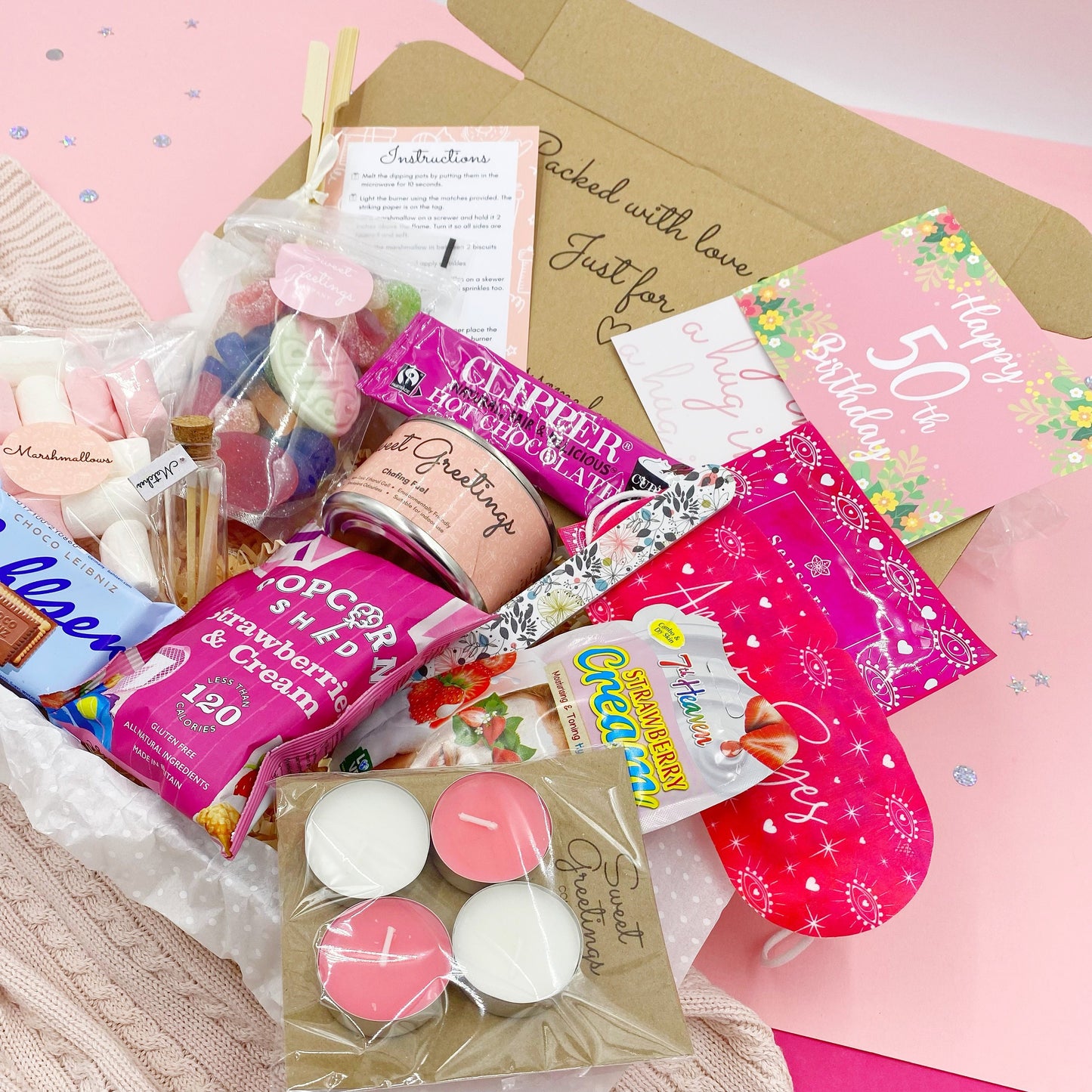 Ultimate Happy 50th Birthday Pink S'mores Gift box, Pamper Hamper, Spa Kit, Care Package, De Stress, Gift For Her, Present, Milestone, Smore
