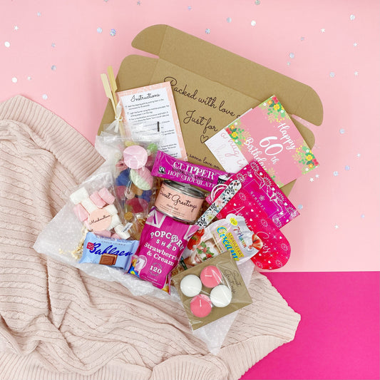 Ultimate Happy 60th Birthday Pink S'mores Gift box, Pamper Hamper, Spa Kit, Care Package, De Stress, Gift For Her, Present, Milestone, Smore