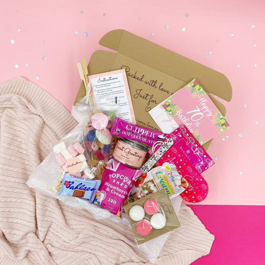 Ultimate Happy 70th Birthday Pink S'mores Gift box, Pamper Hamper, Spa Kit, Care Package, De Stress, Gift For Her, Present, Milestone, Smore