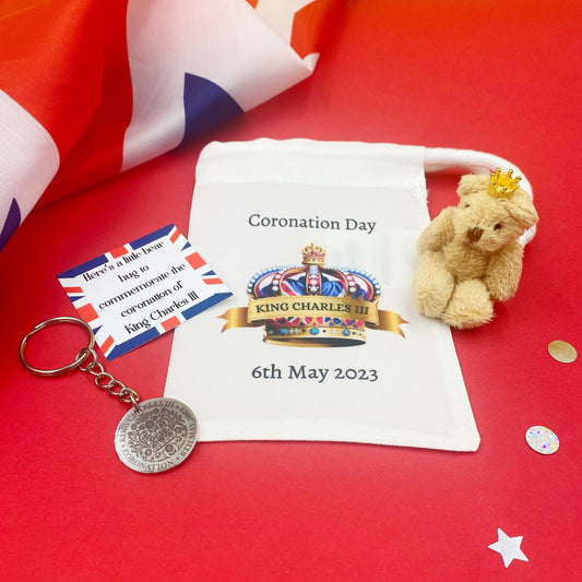 Coronation Pocket Bear Hug, King Charles, Memento, Memory, Keepsake, Crown, Kids, Childrens Gift, Adult, Engraved Keyring, Bag, Teddy