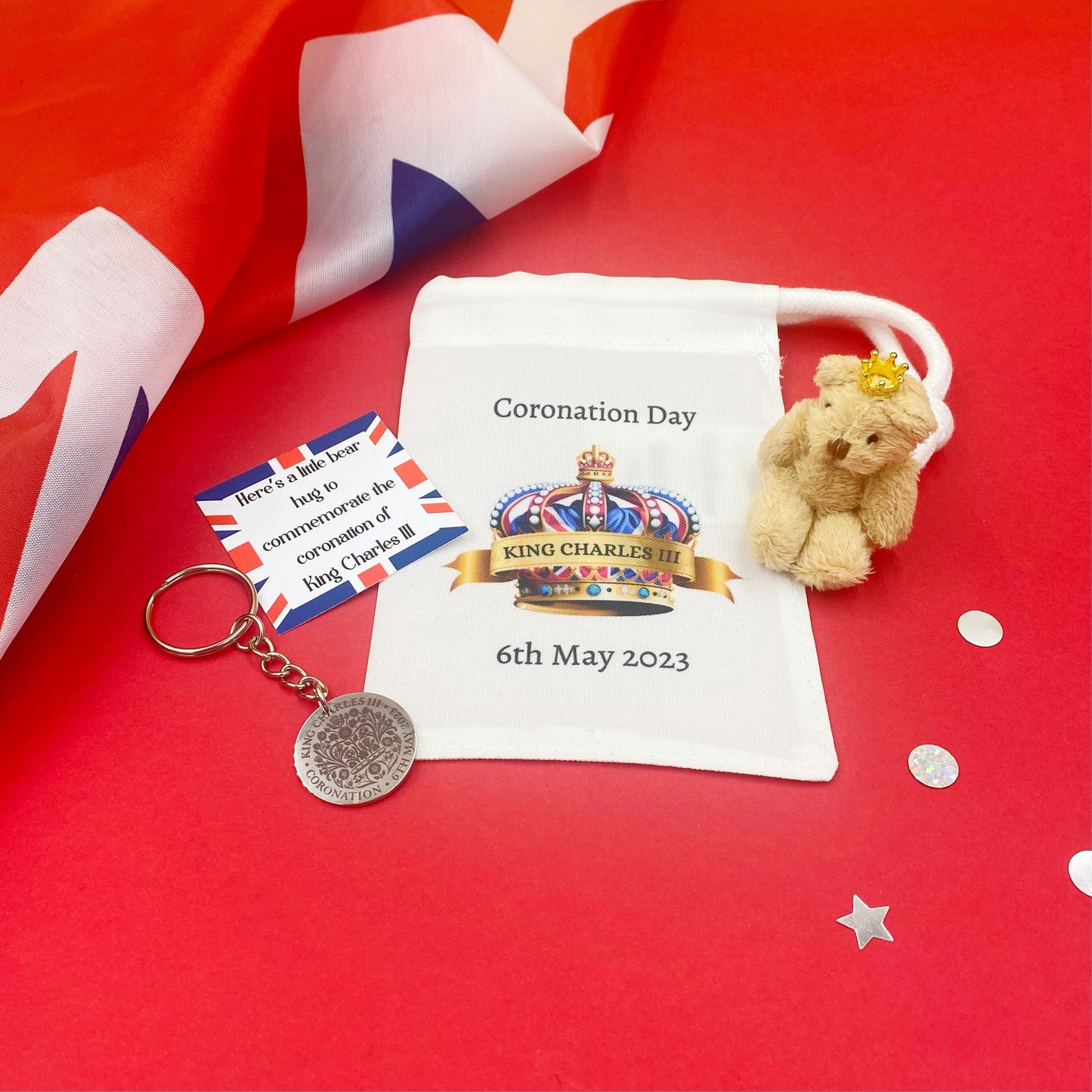 Coronation Pocket Bear Hug, King Charles, Memento, Memory, Keepsake, Crown, Kids, Childrens Gift, Adult, Engraved Keyring, Bag, Teddy