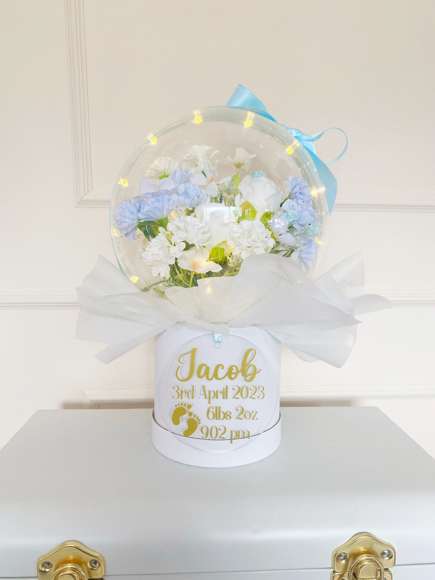 Baby Boy Acrylic Bobo Balloon Artificial Flower Bouquet, Floral, Gift for New Mum, Hat Box, Congrats, New Baby, Baby Shower