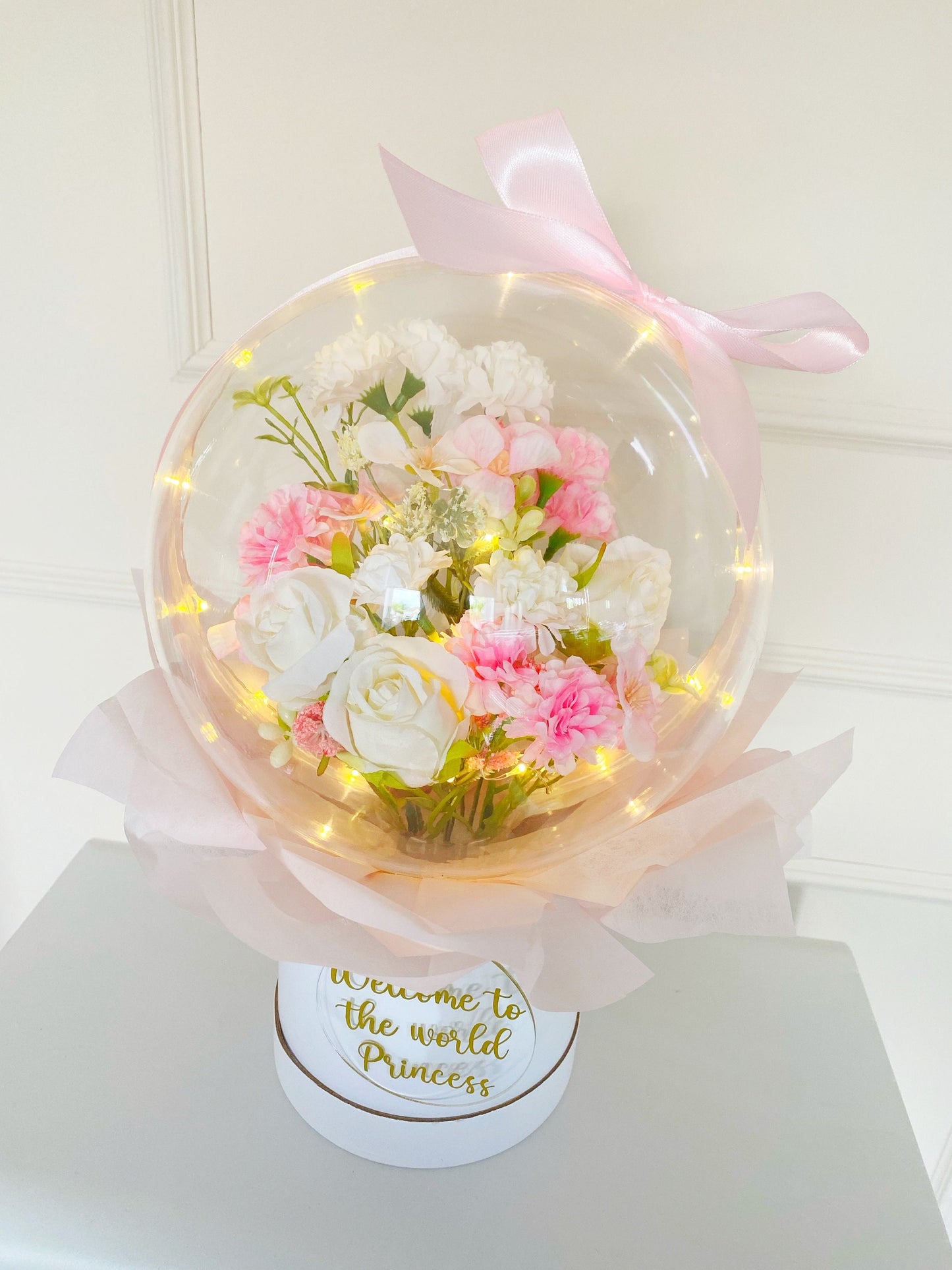 Baby Girl Acrylic Bobo Balloon Artificial Flower Bouquet, Floral, Gift for New Mum, Hat Box, Congrats, New Baby, Baby Shower