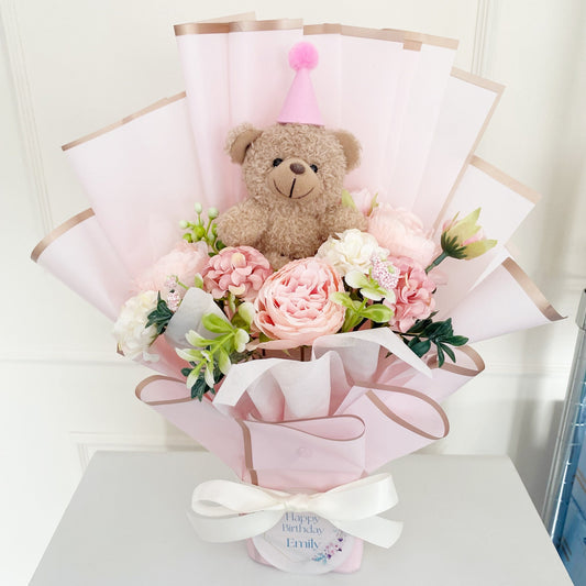 Personalised Birthday Teddy Flower Bouquet, Forever Keepsake, Artificial Flowers, Gift For Her, Name, Present, 16th 21st 30th 40th 50th 60th