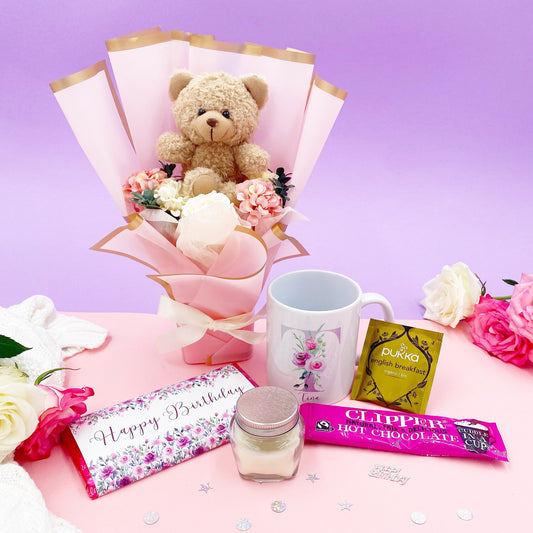 Pamper Hamper Birthday Luxury Flower Bouquet Personalised Pink Gift Treat Box, Mug, Name, De Stress, For Her, Present, 30th, 40th, 50th 60th
