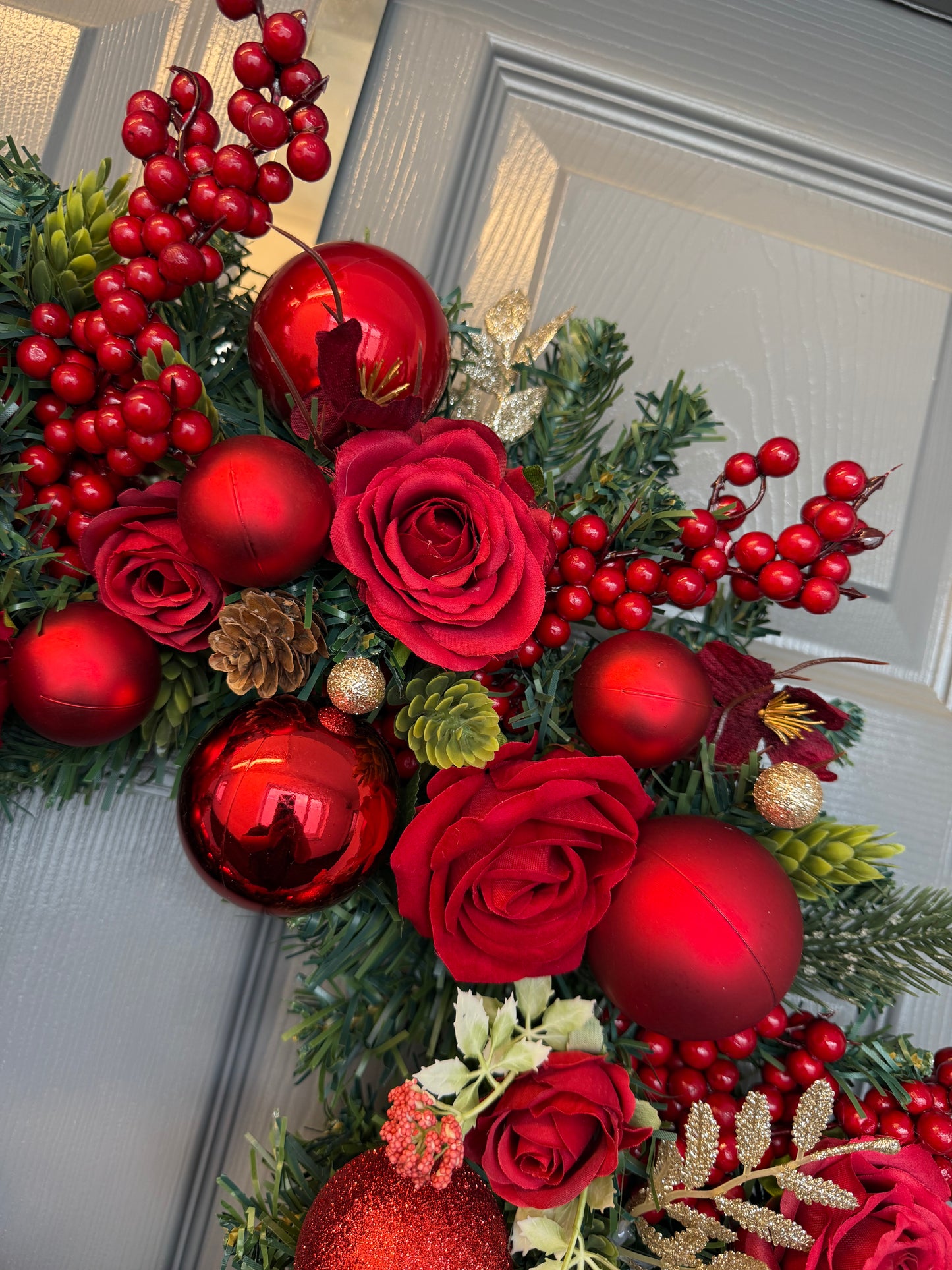 Red Christmas Wreath with Velvet & Silk Roses, Pine Cones, Gold Foliage, Red Baubles, Berries Festive Holiday Door Decor