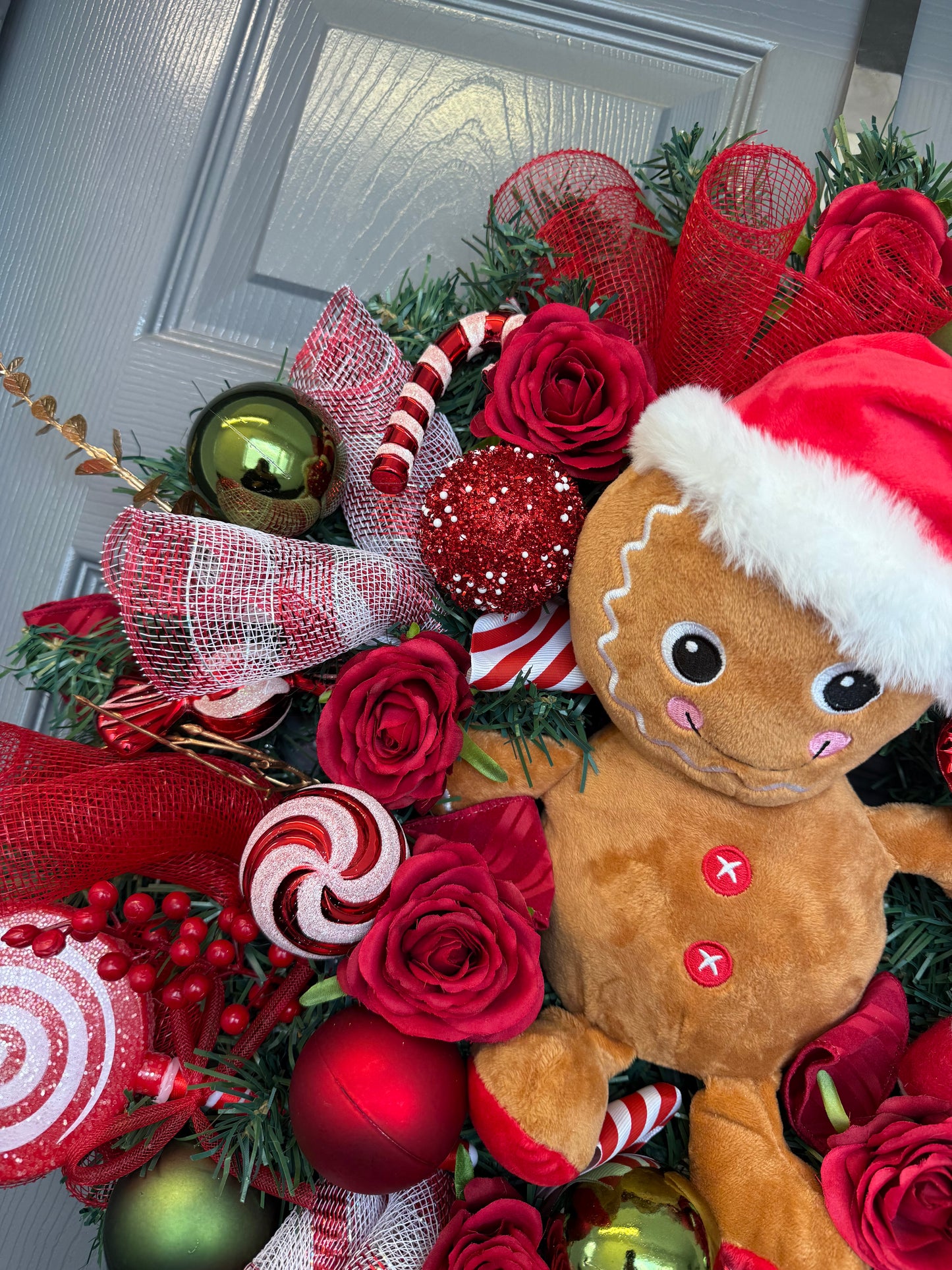 Gingerbread Candy Christmas Wreath | Holiday Door Decor with Gingerbread Man, Candy, Red, Green
