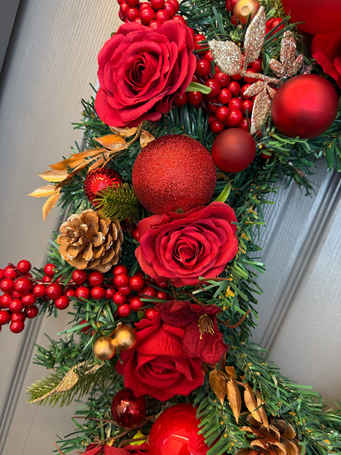 Red Christmas Wreath with Velvet & Silk Roses, Pine Cones, Gold Foliage, Red Baubles, Berries Festive Holiday Door Decor