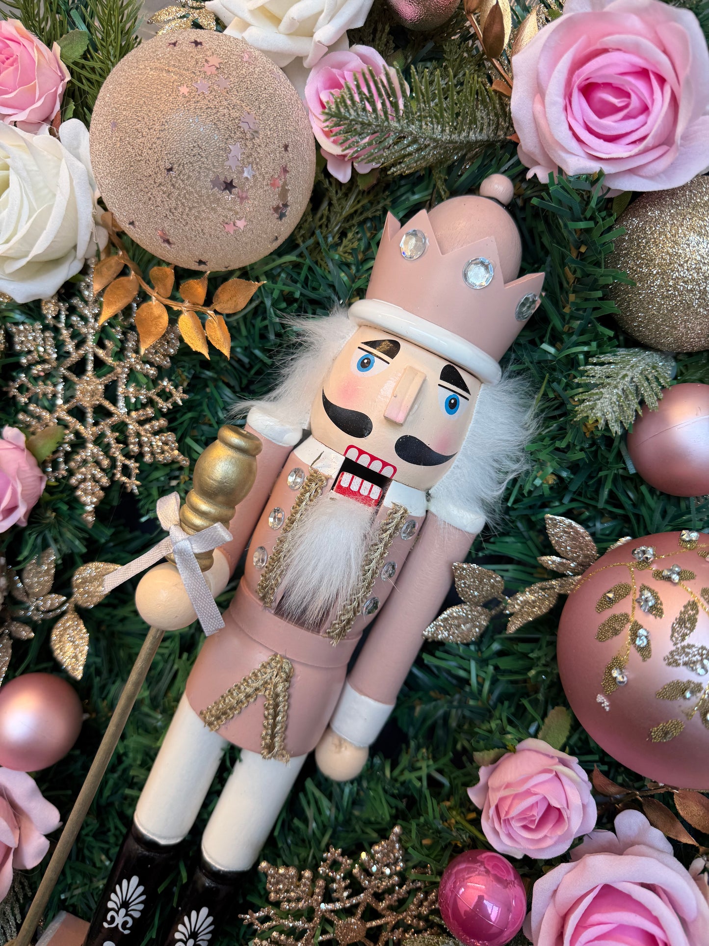 Pink Nutcracker Christmas Wreath, Gold, Artificial, Large Wreath