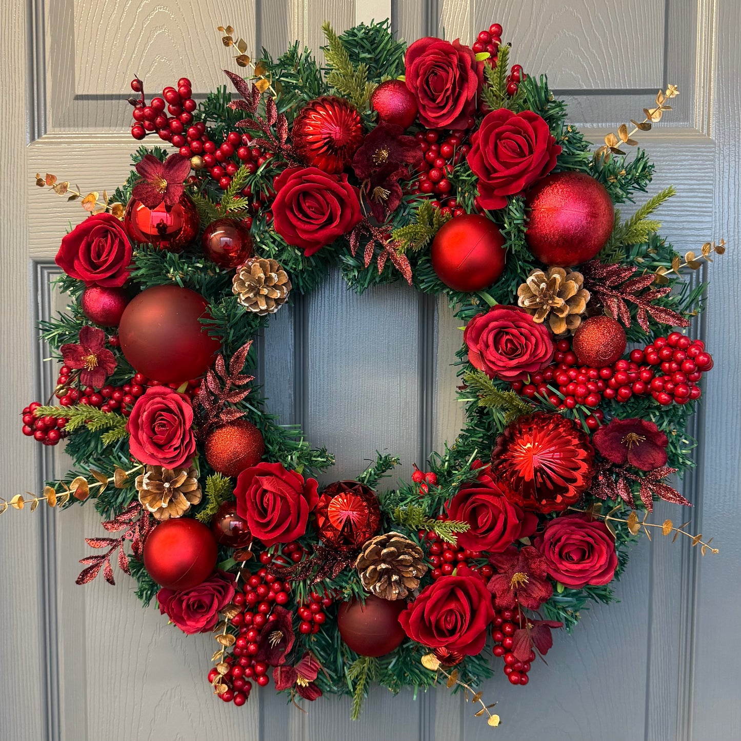 Red Christmas Wreath with Velvet & Silk Roses, Pine Cones, Gold Foliage, Red Baubles, Berries Festive Holiday Door Decor