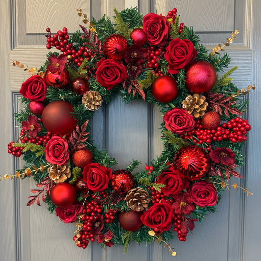 Red Christmas Wreath with Velvet & Silk Roses, Pine Cones, Gold Foliage, Red Baubles, Berries Festive Holiday Door Decor