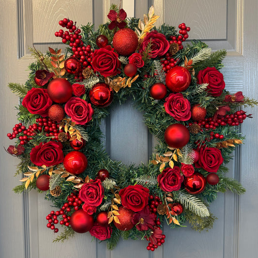 Red Christmas Wreath with Velvet & Silk Roses, Pine Cones, Gold Foliage, Red Baubles, Berries Festive Holiday Door Decor