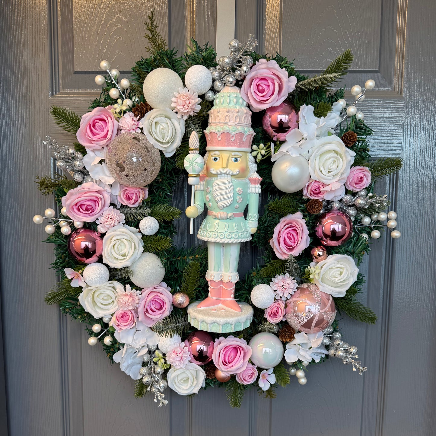Pastel Sweet Nutcracker Christmas Wreath, Gold, Artificial, Large Wreath
