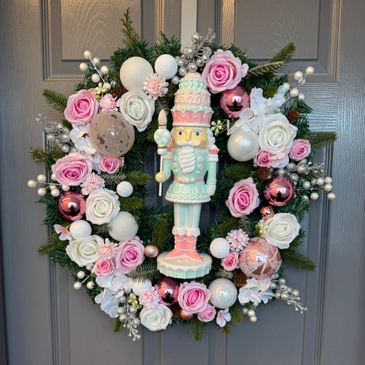 Pastel Sweet Nutcracker Christmas Wreath, Gold, Artificial, Large Wreath