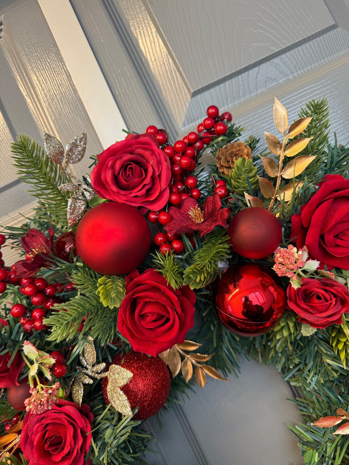 Red Christmas Wreath with Velvet & Silk Roses, Pine Cones, Gold Foliage, Red Baubles, Berries Festive Holiday Door Decor