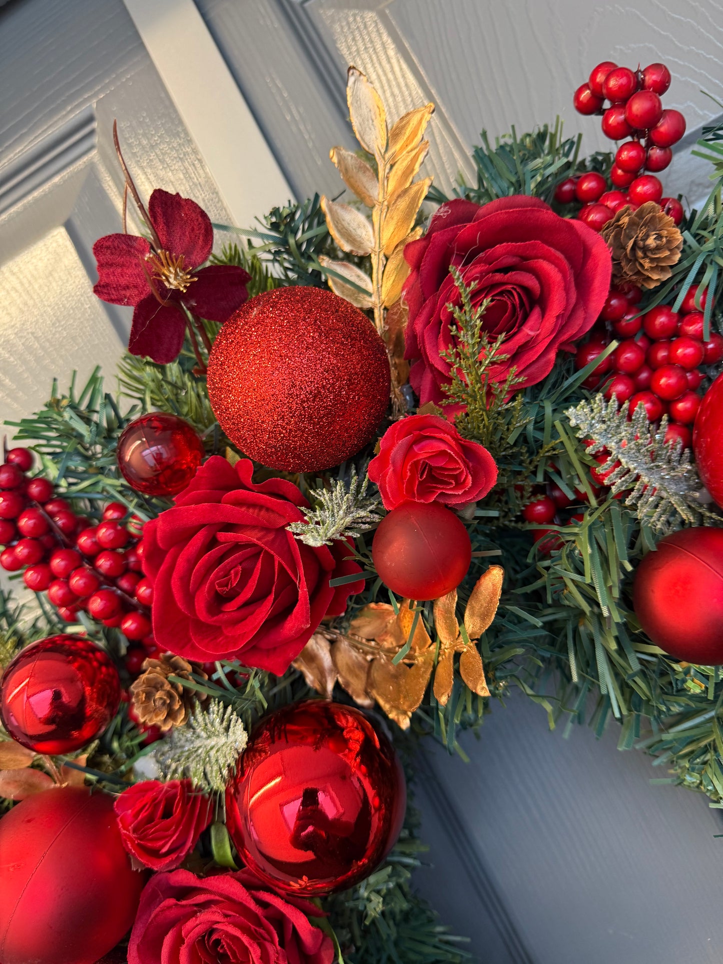 Red Christmas Wreath with Velvet & Silk Roses, Pine Cones, Gold Foliage, Red Baubles, Berries Festive Holiday Door Decor