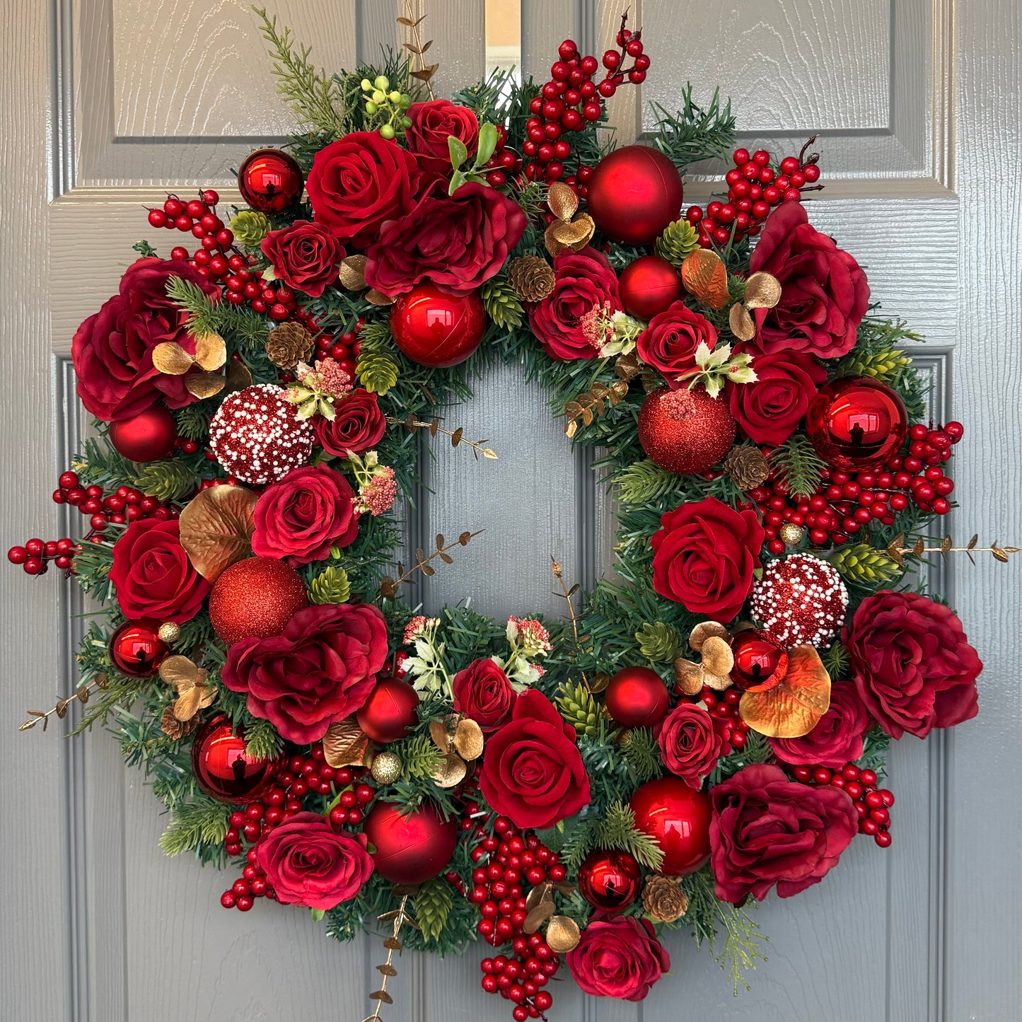 Red Christmas Wreath with Velvet & Silk Roses, Pine Cones, Gold Foliage, Red Baubles, Berries Festive Holiday Door Decor