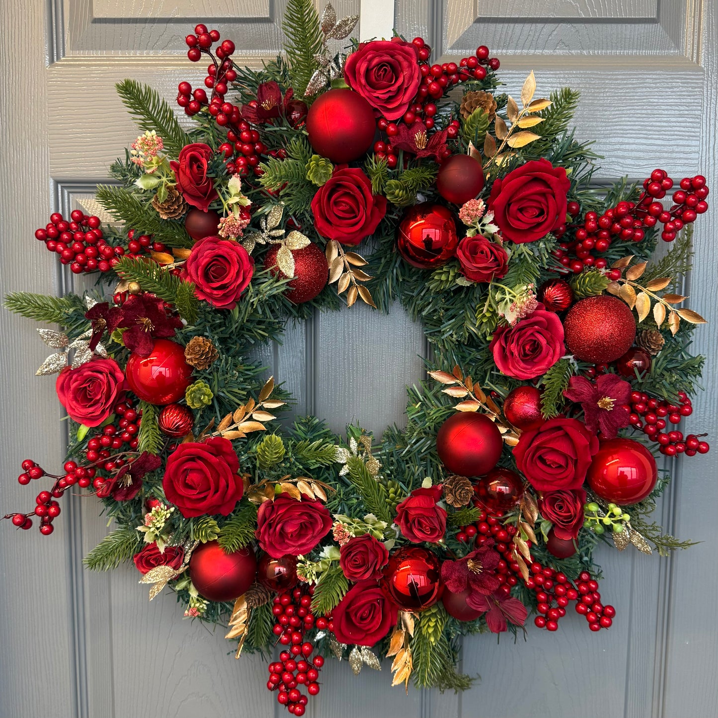 Red Christmas Wreath with Velvet & Silk Roses, Pine Cones, Gold Foliage, Red Baubles, Berries Festive Holiday Door Decor